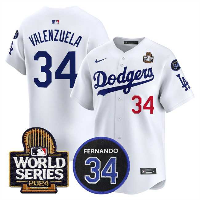 Mens Los Angeles Dodgers #34 Toro Valenzuela White 2024 World Series With Fernando Memorial Patch Limited Stitched Jersey Dzhi